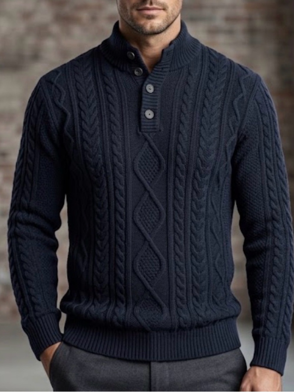 Tilley Black Cable Knit Button-Neck Sweater Men’s Large